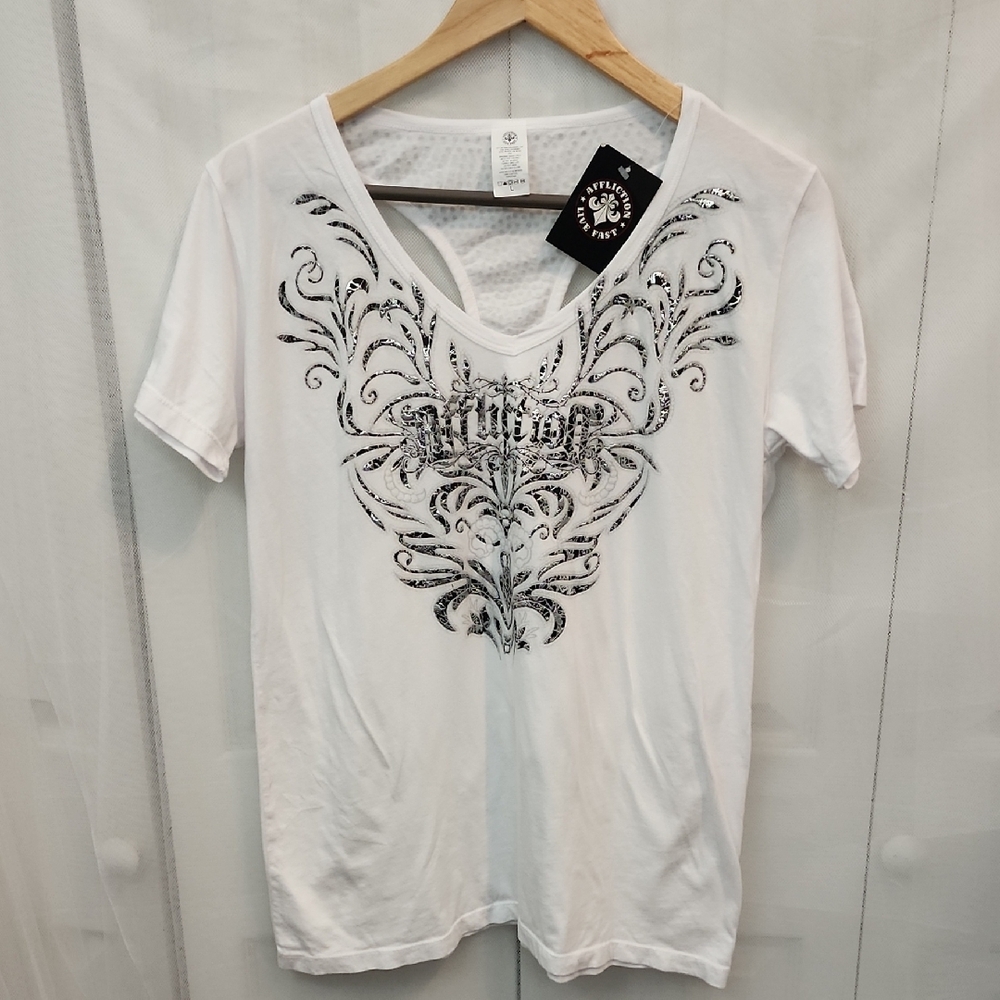 Affliction Annabeth Metallic Flower Short Sleeve T-Shirt NWT